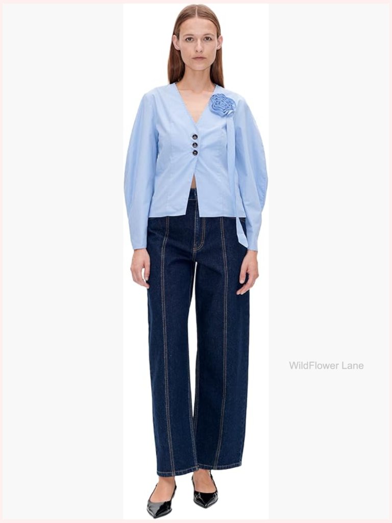 V-Neck Button Down Shirt With Rosette Detail Long Sleeve